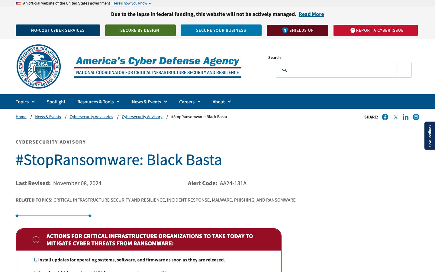 CISA Cybersecurity Advisory AA24-131A documenting Black Basta ransomware gang tactics, techniques, and command-and-control infrastructure indicators.