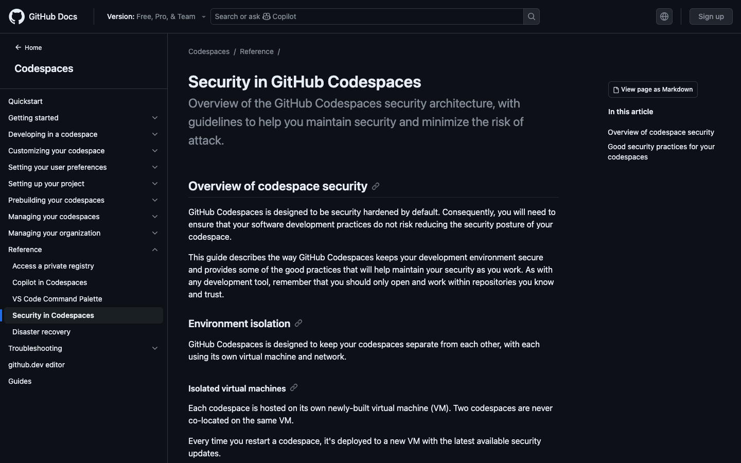 GitHub official documentation on security controls, network isolation, and secret management in GitHub Codespaces environments.