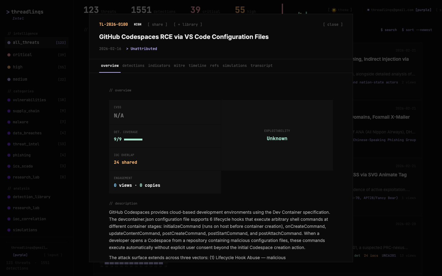 TL-2026-0100 on Threadlinqs Intelligence — GitHub Codespaces RCE vulnerability tracked with 12/12 detection coverage across SPL, KQL, and Sigma.