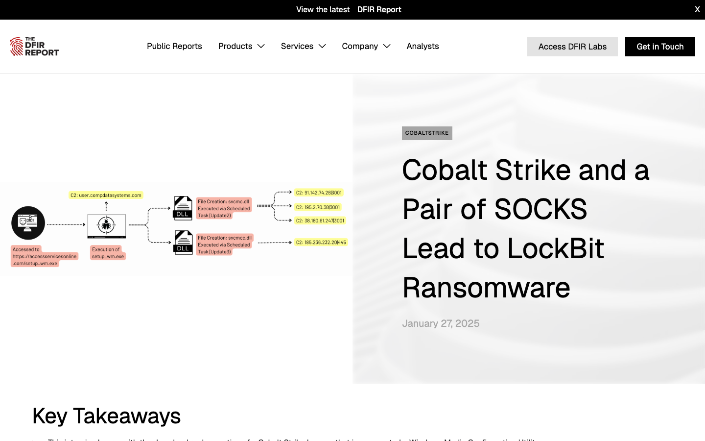 The DFIR Report documenting a full intrusion chain — Cobalt Strike beacons with SOCKS proxy pivoting through SystemBC leading to LockBit ransomware deployment.