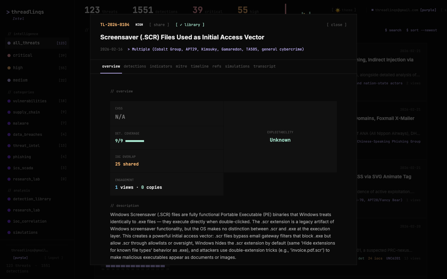TL-2026-0104 on Threadlinqs Intelligence — SCR file initial access technique used by APT29/The Dukes with 9/9 detection coverage.