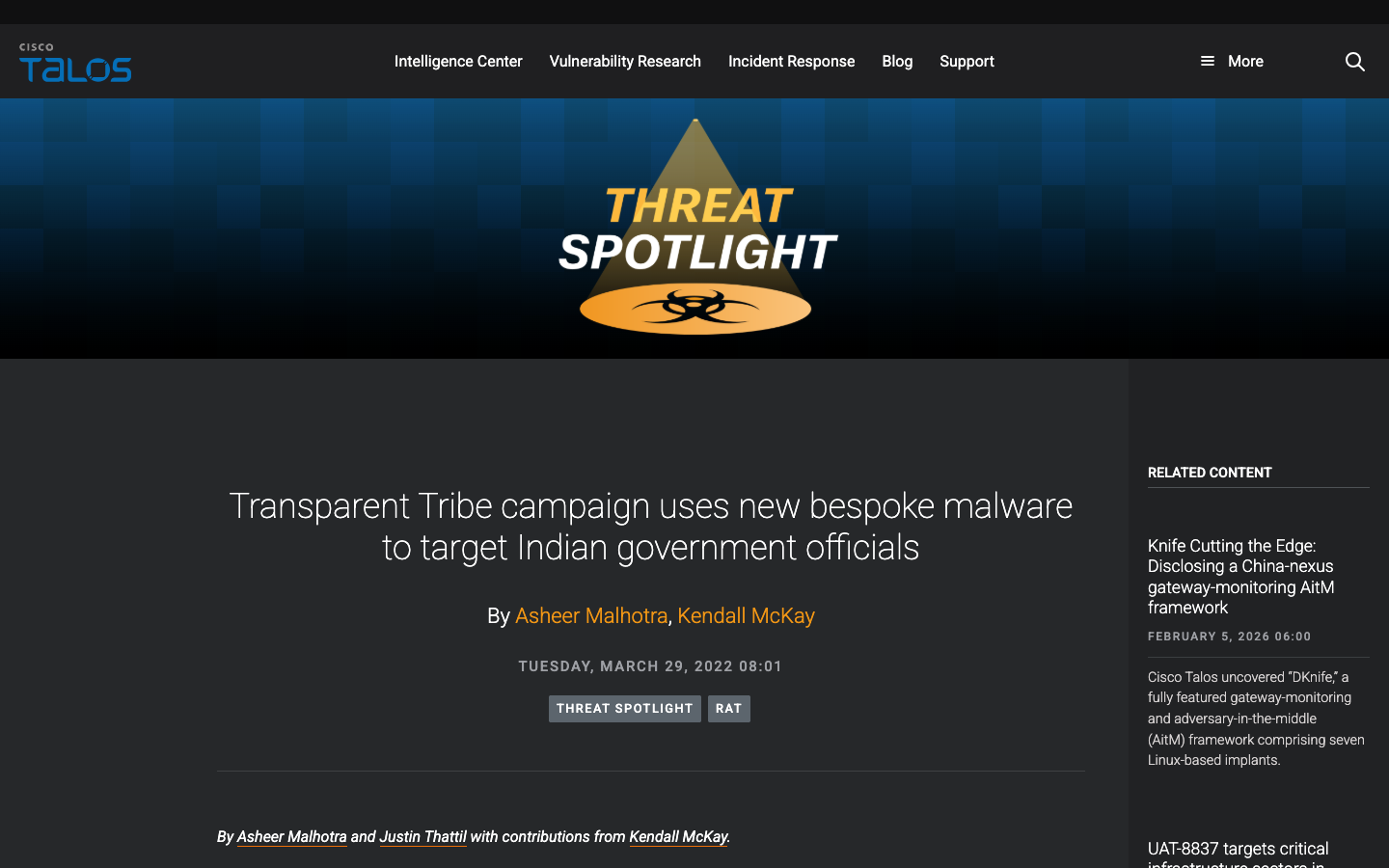 Cisco Talos Intelligence documenting Transparent Tribe's bespoke malware campaign targeting education and government sectors across South Asia.