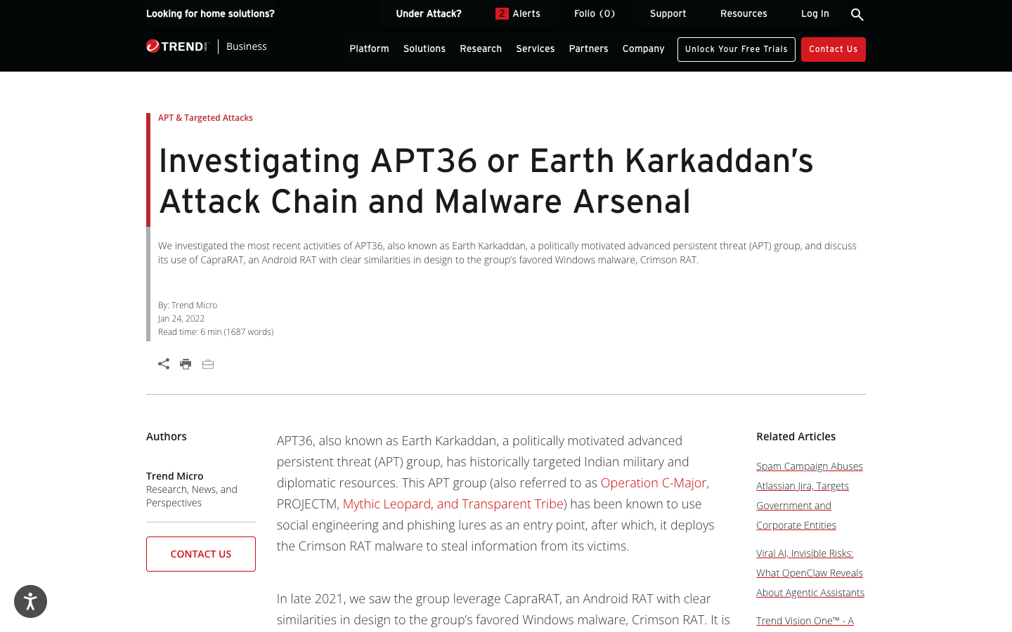 Trend Micro investigation of APT36/Earth Karkaddan detailing the full attack chain from spearphishing to CrimsonRAT deployment and data exfiltration.