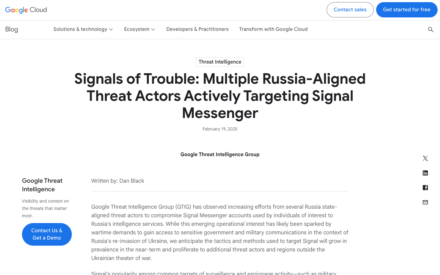 Google Cloud Threat Intelligence report — 'Signals of Trouble' — documenting multiple Russia-aligned actors systematically targeting Signal Messenger through device linking abuse.