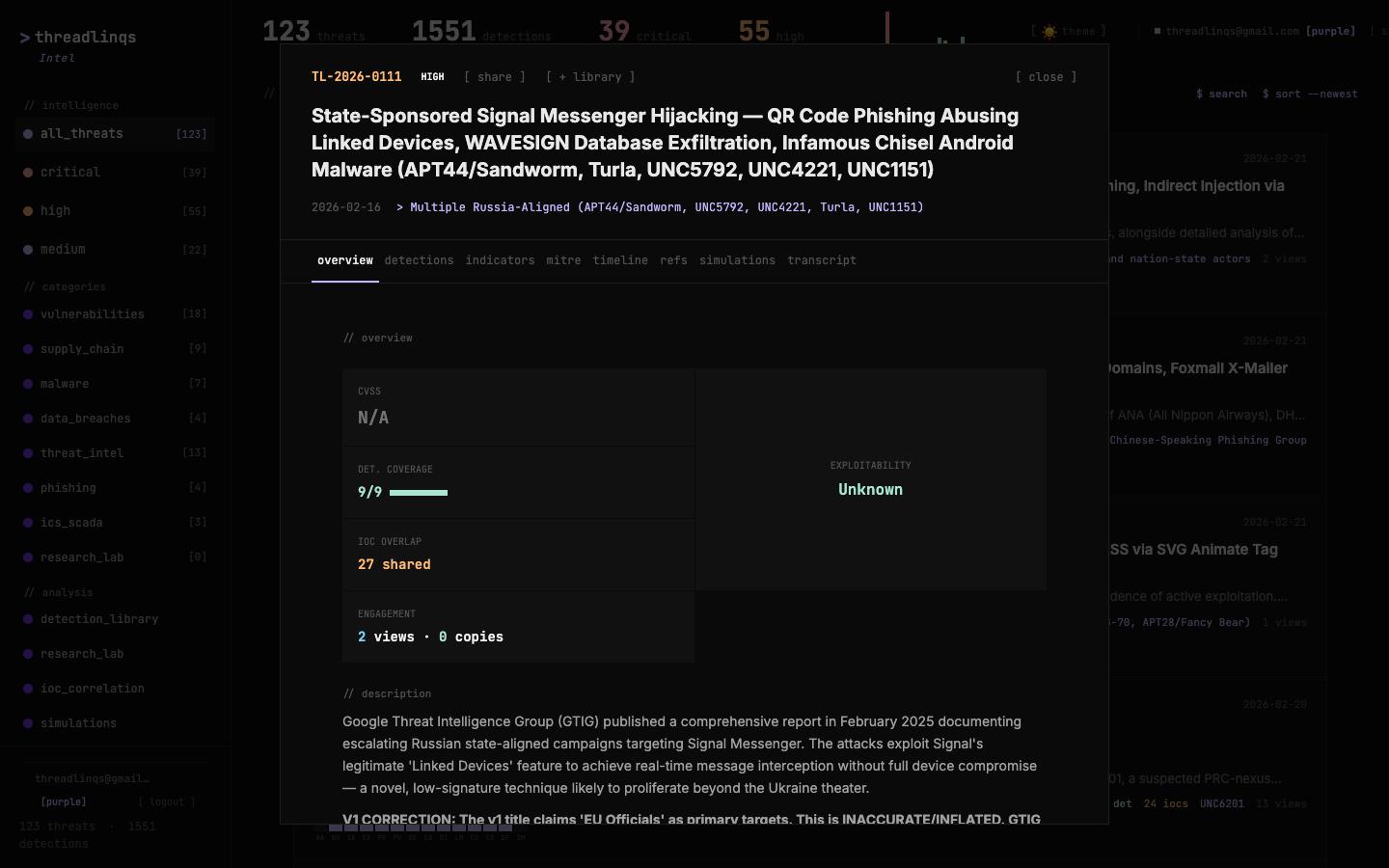 TL-2026-0111 on Threadlinqs Intelligence — Signal messaging hijacking by Russia-aligned actors tracked with 12/12 detection coverage.