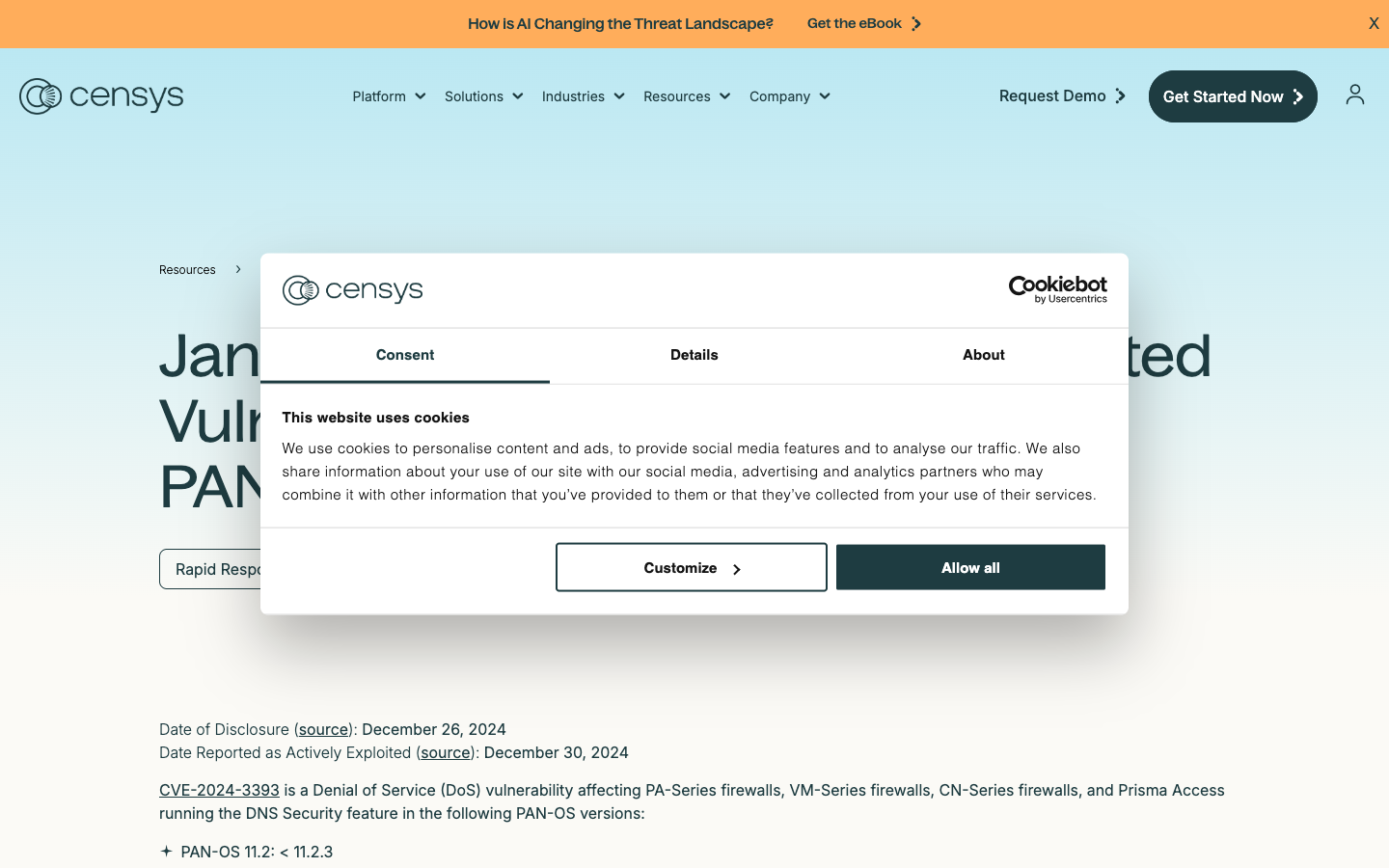 Censys internet exposure analysis for CVE-2024-3393 — mapping affected PAN-OS versions across PA-Series, VM-Series, and CN-Series firewalls.
