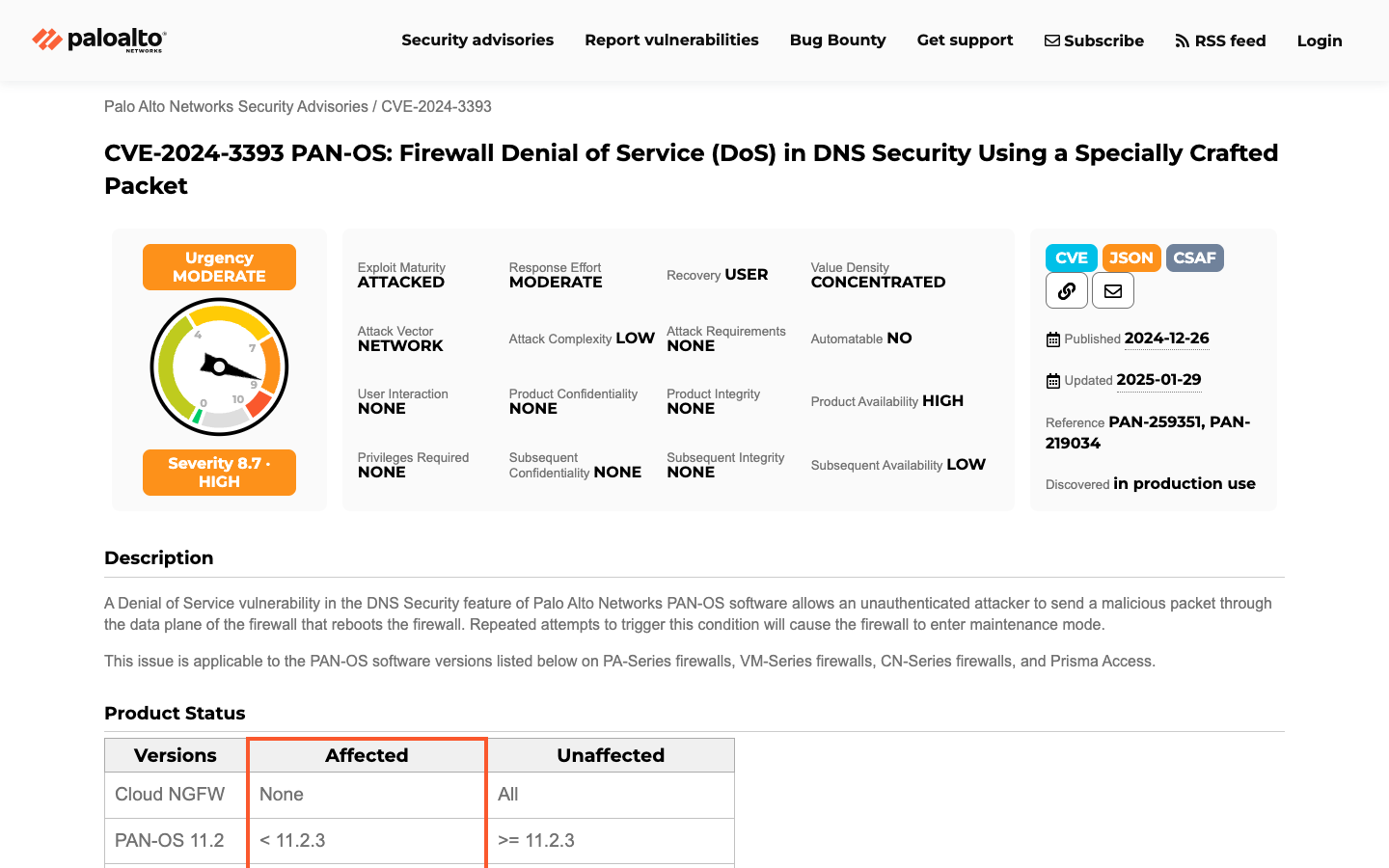 Palo Alto Networks official security advisory for CVE-2024-3393 — firewall denial-of-service via specially crafted DNS packets forcing maintenance mode.