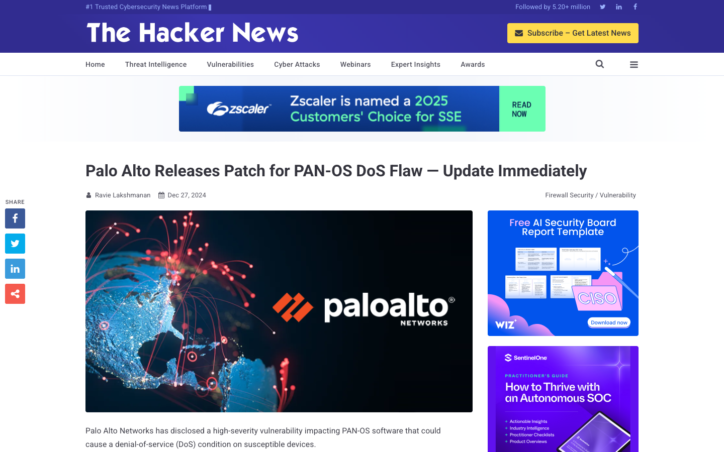 The Hacker News coverage of Palo Alto Networks releasing an emergency patch for the actively exploited PAN-OS DNS Security DoS flaw.