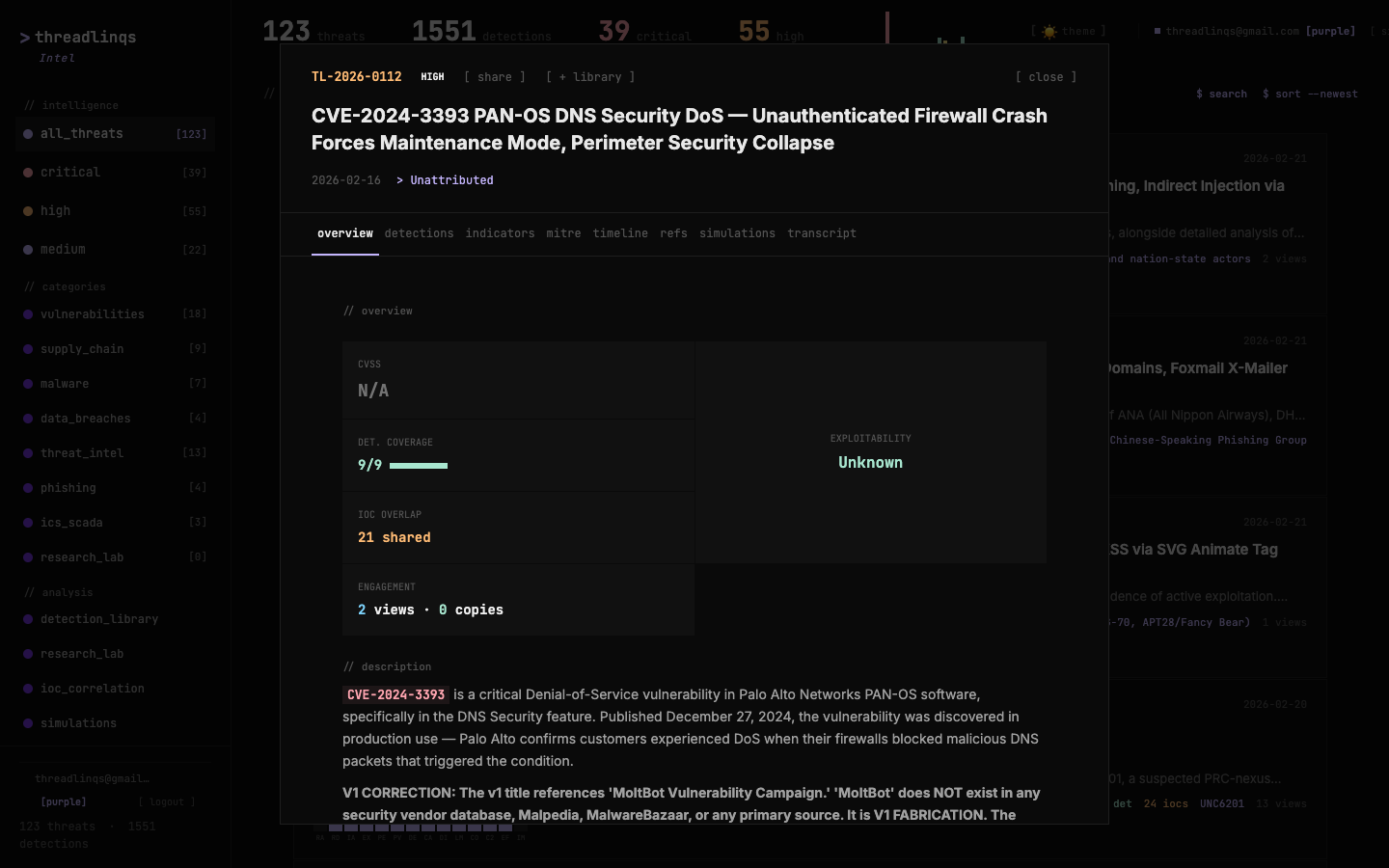 TL-2026-0112 on Threadlinqs Intelligence — CVE-2024-3393 PAN-OS DNS Security DoS vulnerability with 9/9 detection coverage.