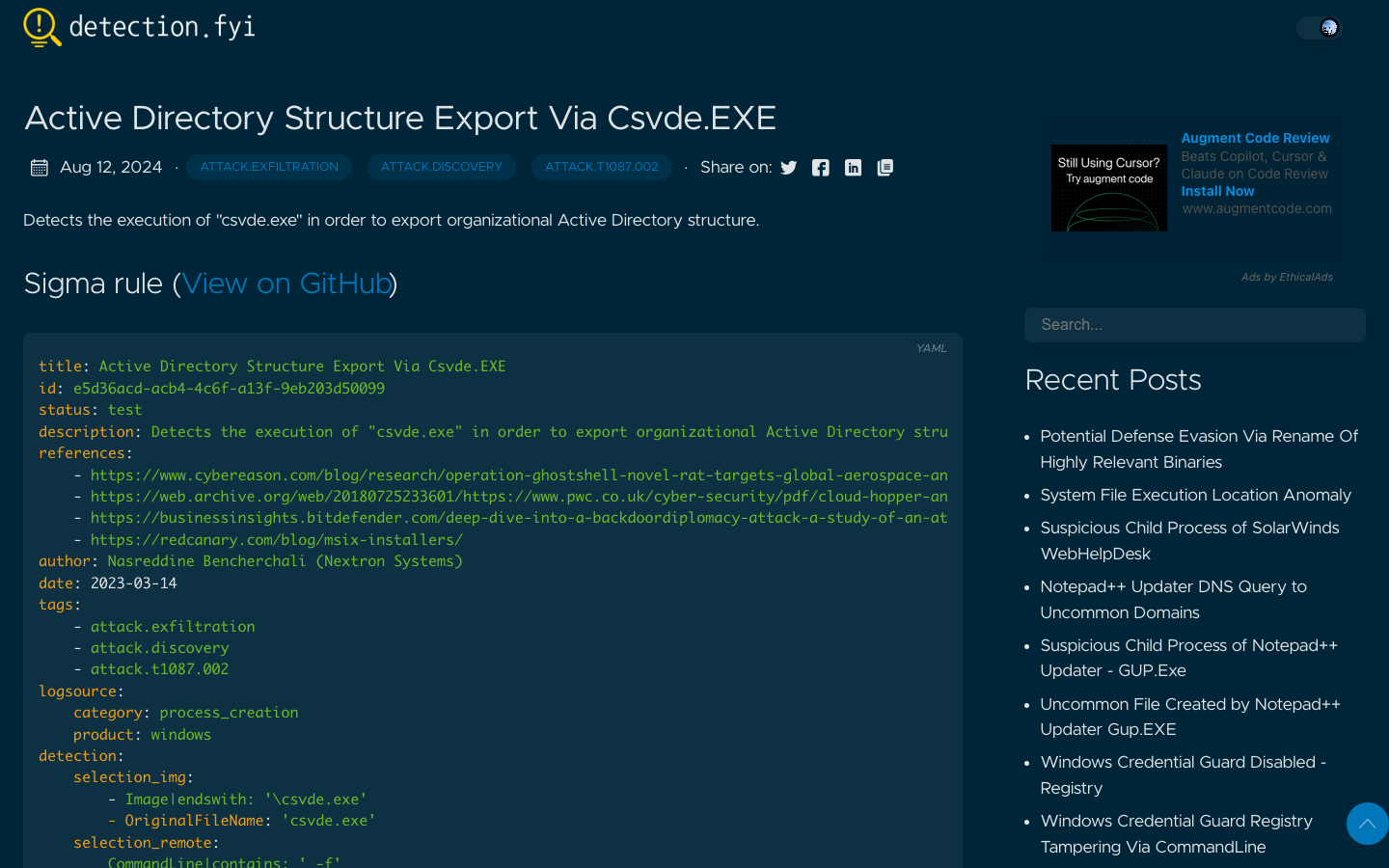 SigmaHQ detection rule for 'Active Directory Structure Export Via Csvde.EXE' — community-contributed SIEM detection logic with process creation monitoring.