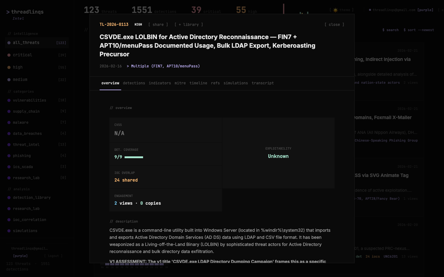 TL-2026-0113 on Threadlinqs Intelligence — CSVDE.exe LOLBIN for Active Directory reconnaissance used by FIN7 and APT10 with 9/9 detection coverage and 24 shared IOCs.