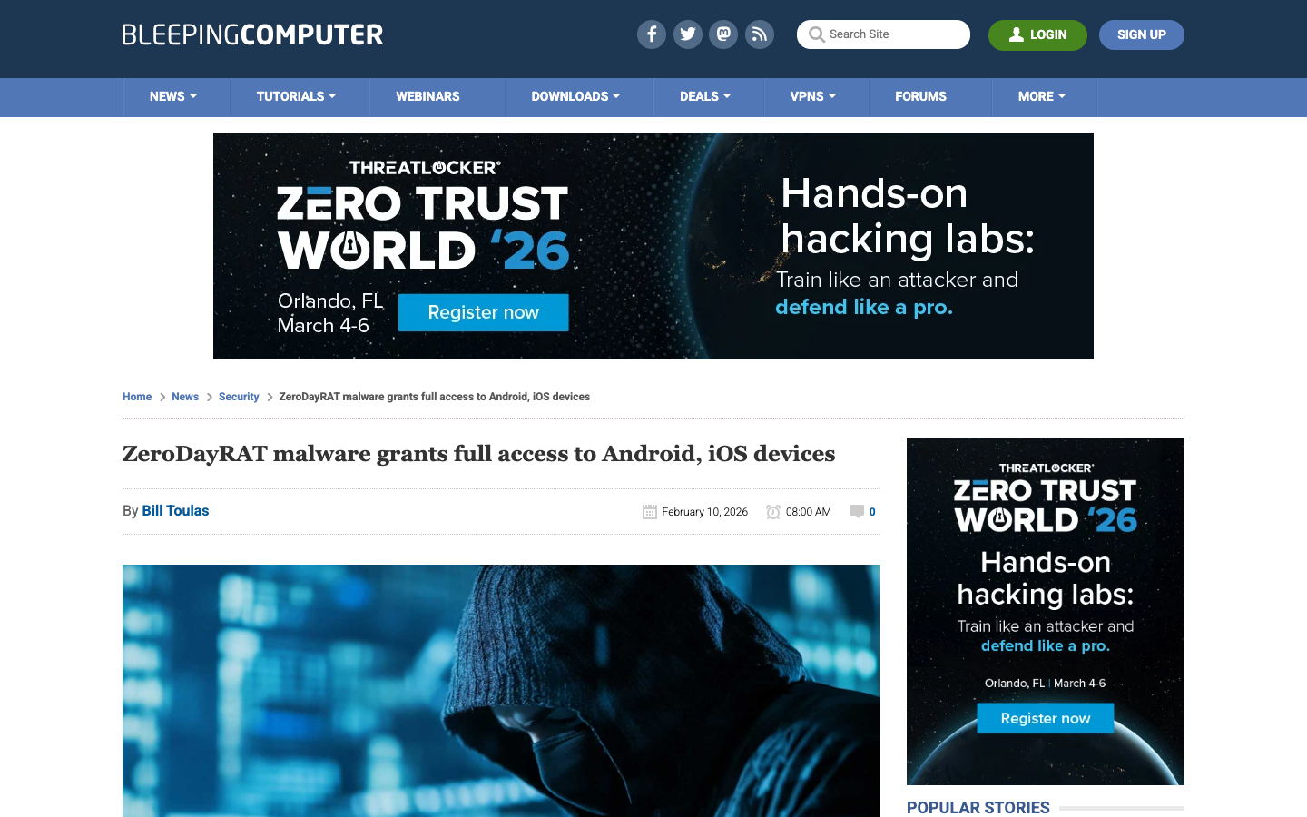 Bleeping Computer coverage of ZeroDayRAT malware granting operators full access to Android and iOS devices through Telegram-based command infrastructure.