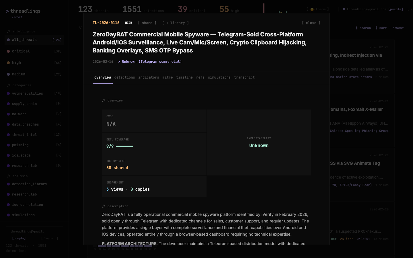 TL-2026-0116 on Threadlinqs Intelligence — ZeroDayRAT commercial mobile spyware with Telegram-based C2 and cross-platform Android/iOS surveillance capabilities.