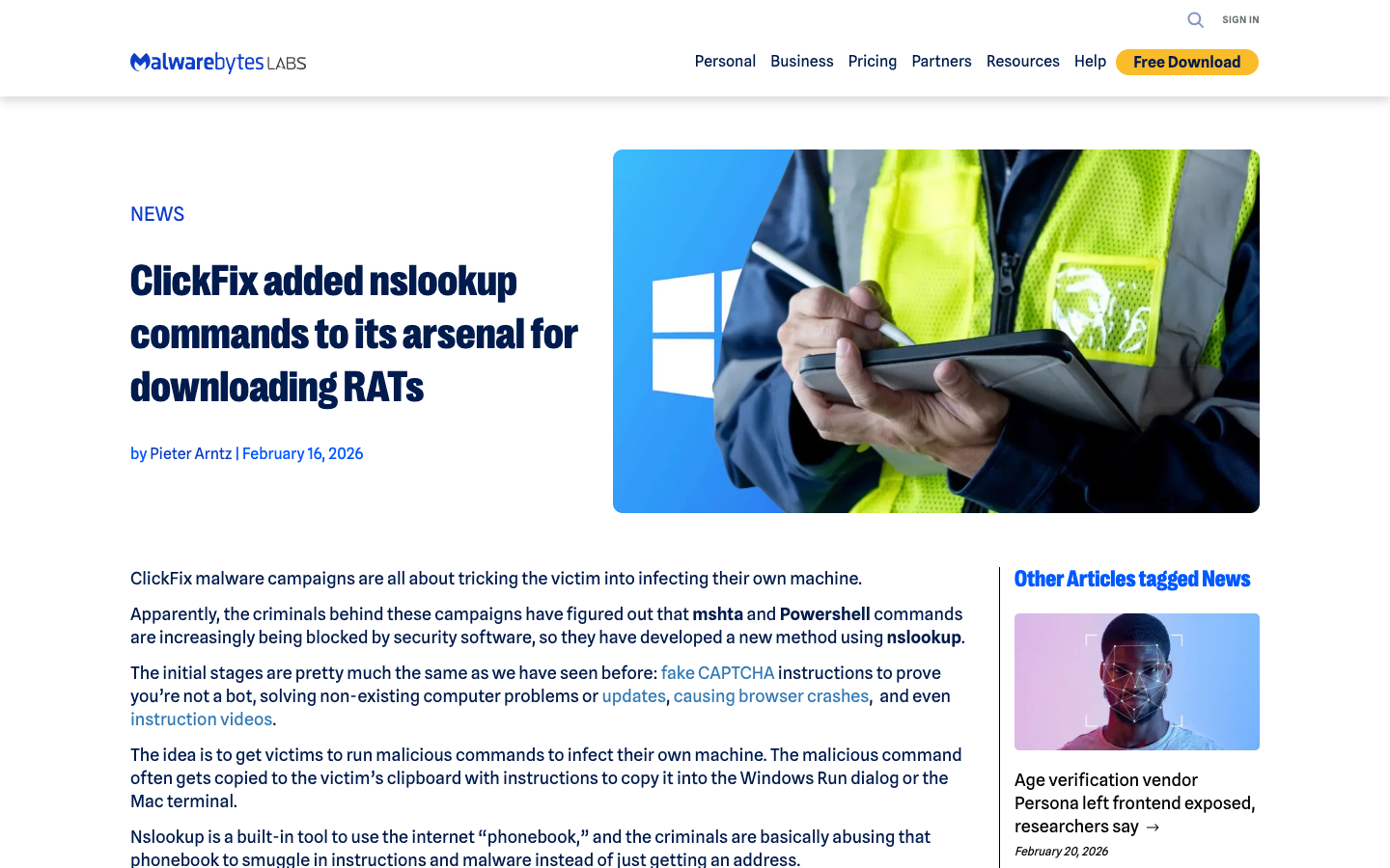 Malwarebytes Labs documenting ClickFix's new technique — embedding nslookup commands in clipboard payloads to download RATs via DNS TXT record queries.