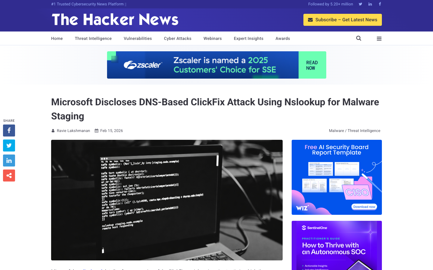 The Hacker News reporting on Microsoft's disclosure of DNS-based ClickFix attacks using nslookup for PowerShell malware staging and execution.