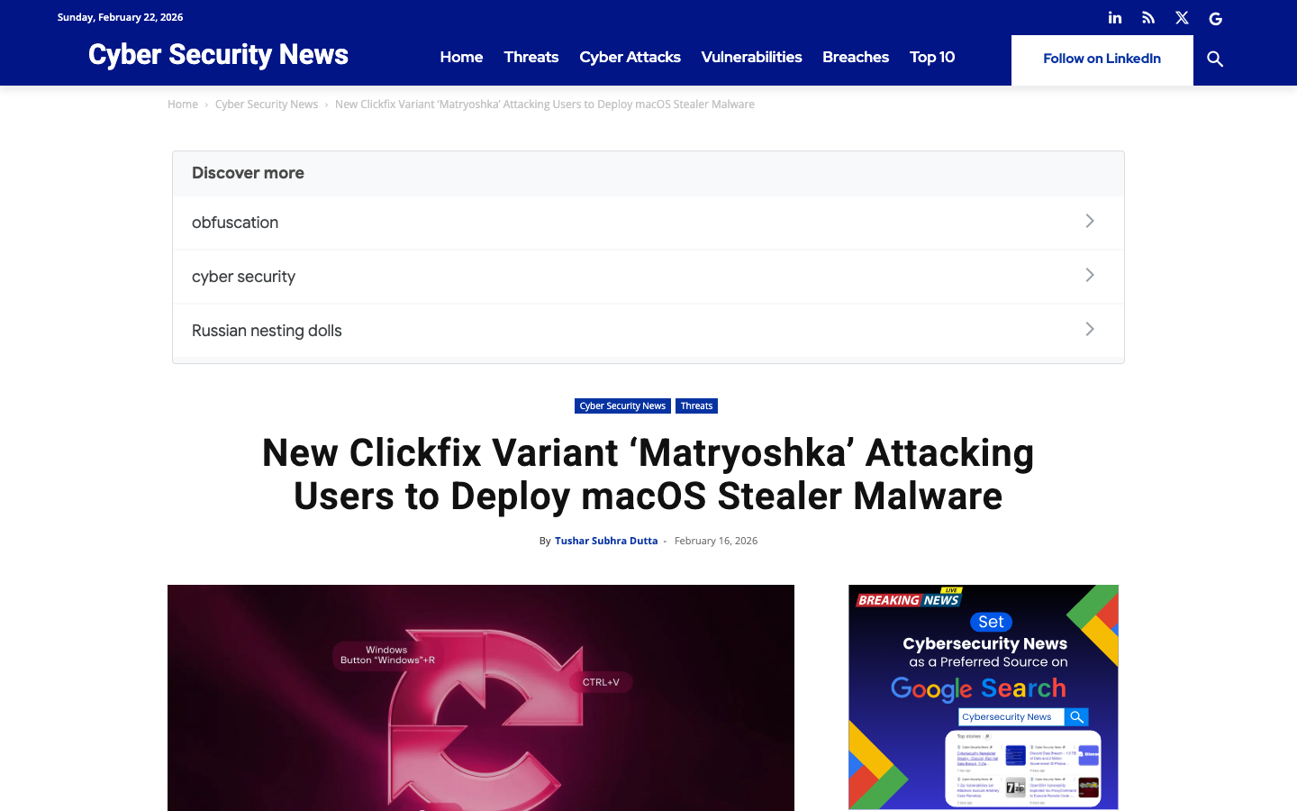 Cyber Security News coverage of the new Matryoshka ClickFix variant attacking macOS users through typosquatted domains to deploy stealer malware.