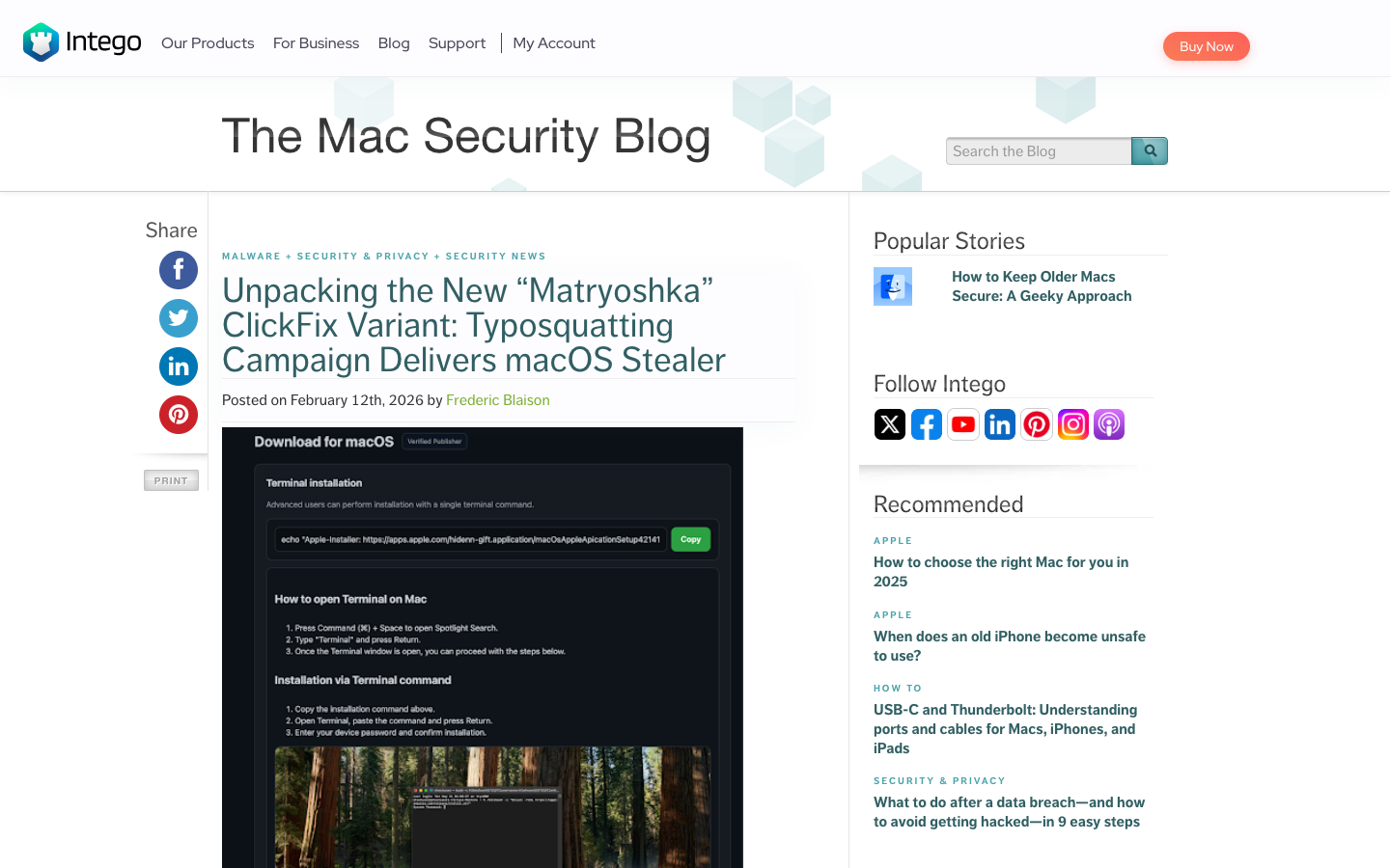 Intego Mac Security Blog unpacking the Matryoshka ClickFix campaign — typosquatting + heredoc obfuscation delivering macOS credential stealers via AppleScript.