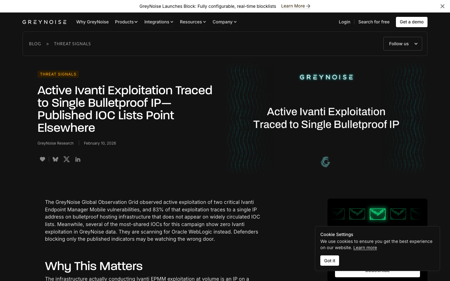 GreyNoise Global Observation Grid tracking active Ivanti EPMM exploitation traced to a single bulletproof hosting IP with Oracle WebLogic scanning overlap.