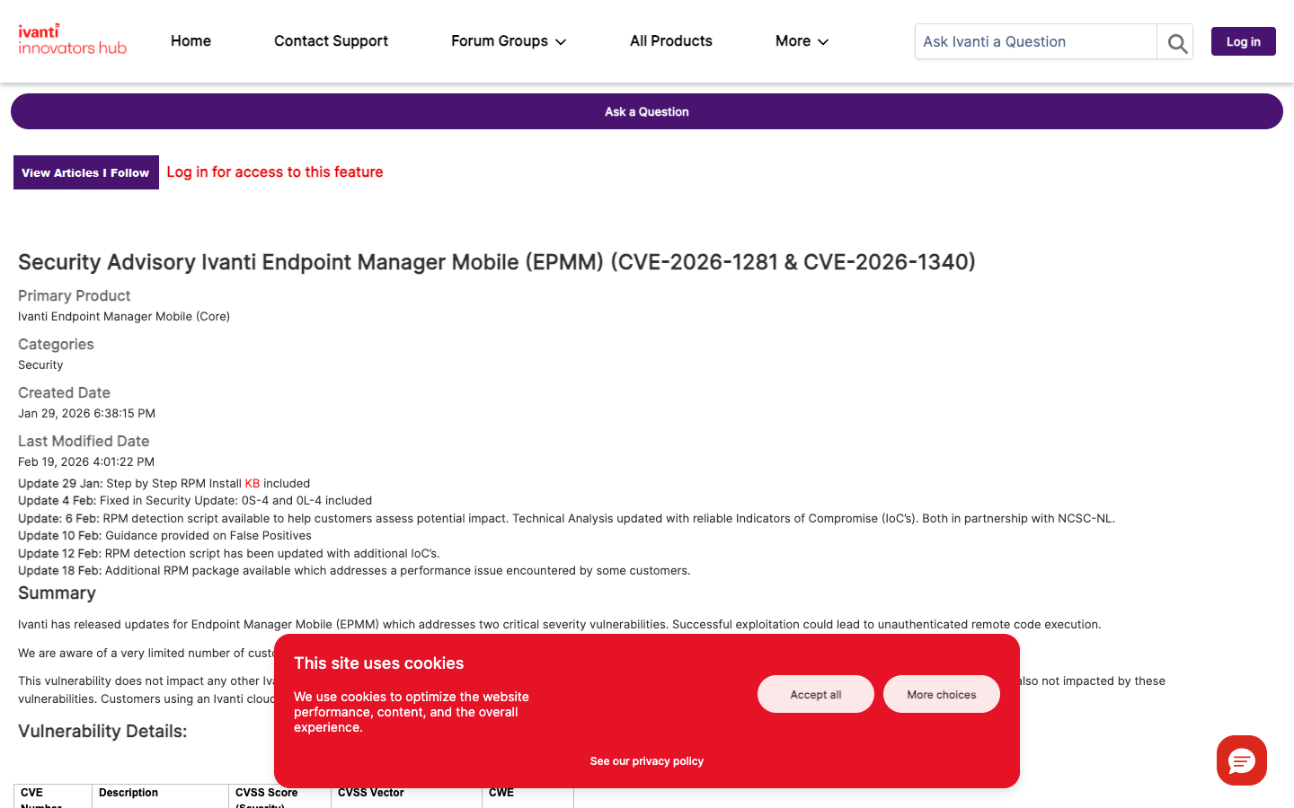 Ivanti official security advisory for CVE-2026-1281 and CVE-2026-1340 — Endpoint Manager Mobile unauthenticated remote code execution chain.