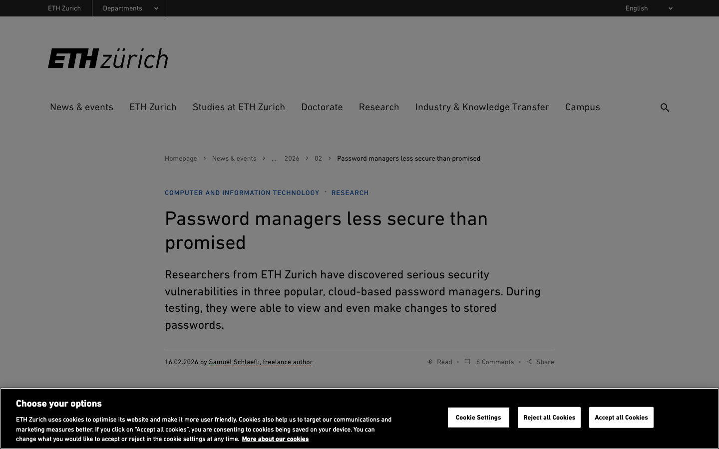 ETH Zurich research publication — 'Password managers less secure than promised' — revealing critical cryptographic implementation flaws in cloud vault architectures.
