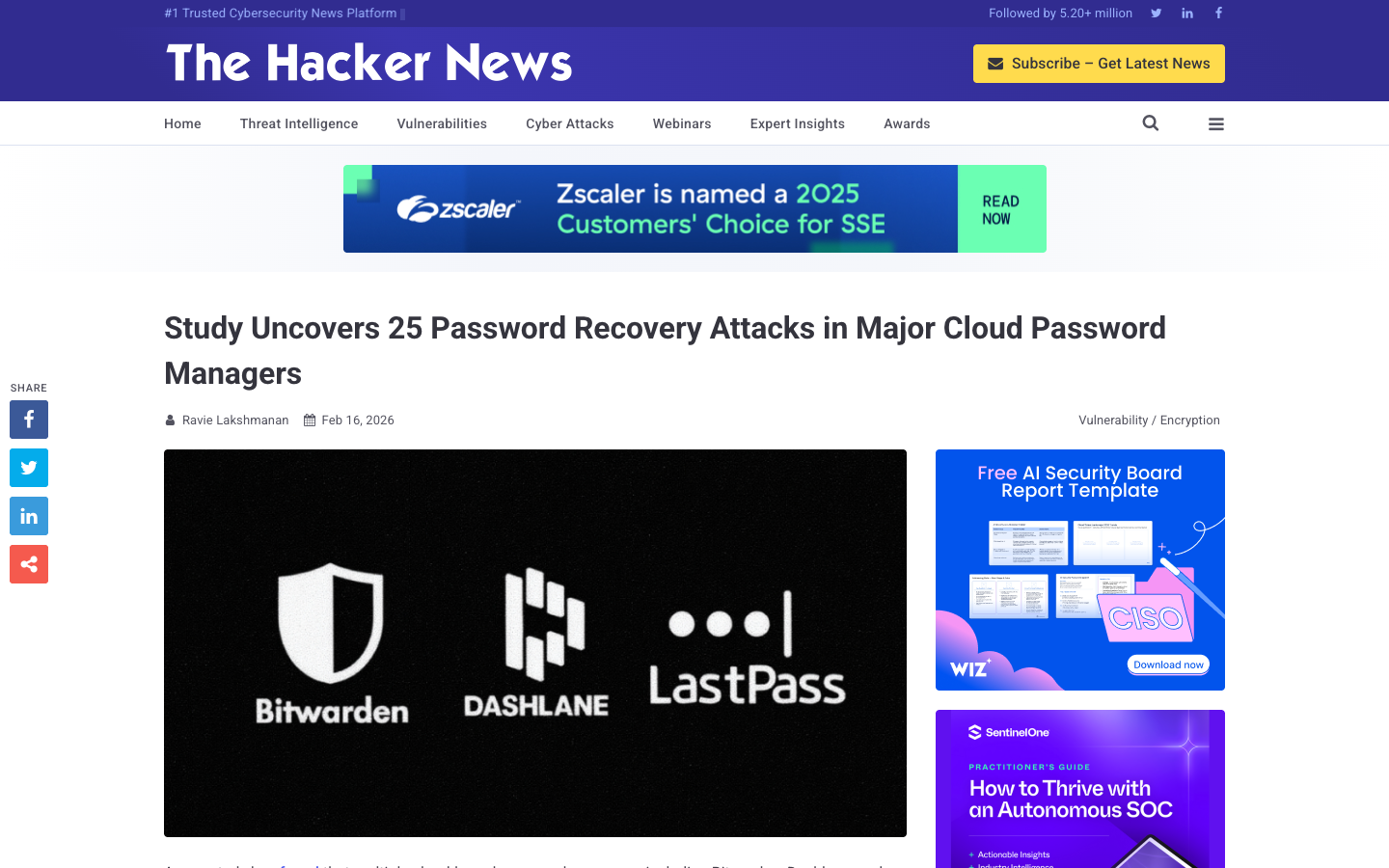 The Hacker News covering the ETH Zurich study uncovering 25 password recovery attacks — AES-CBC malleability, KDF downgrade, and unauthenticated public key vectors.