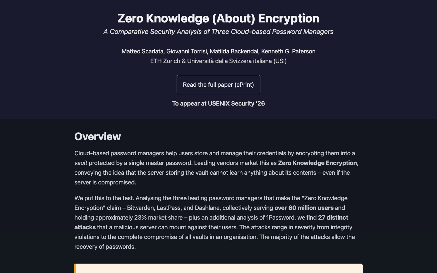Academic paper 'Zero Knowledge (About) Encryption' — a comparative security analysis of three cloud-based password manager architectures serving 60M+ users.