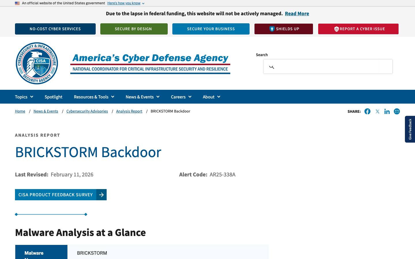 CISA Analysis Report AR25-338A — BRICKSTORM backdoor malware analysis from Dell RecoverPoint exploitation incidents including IOCs and YARA rules.