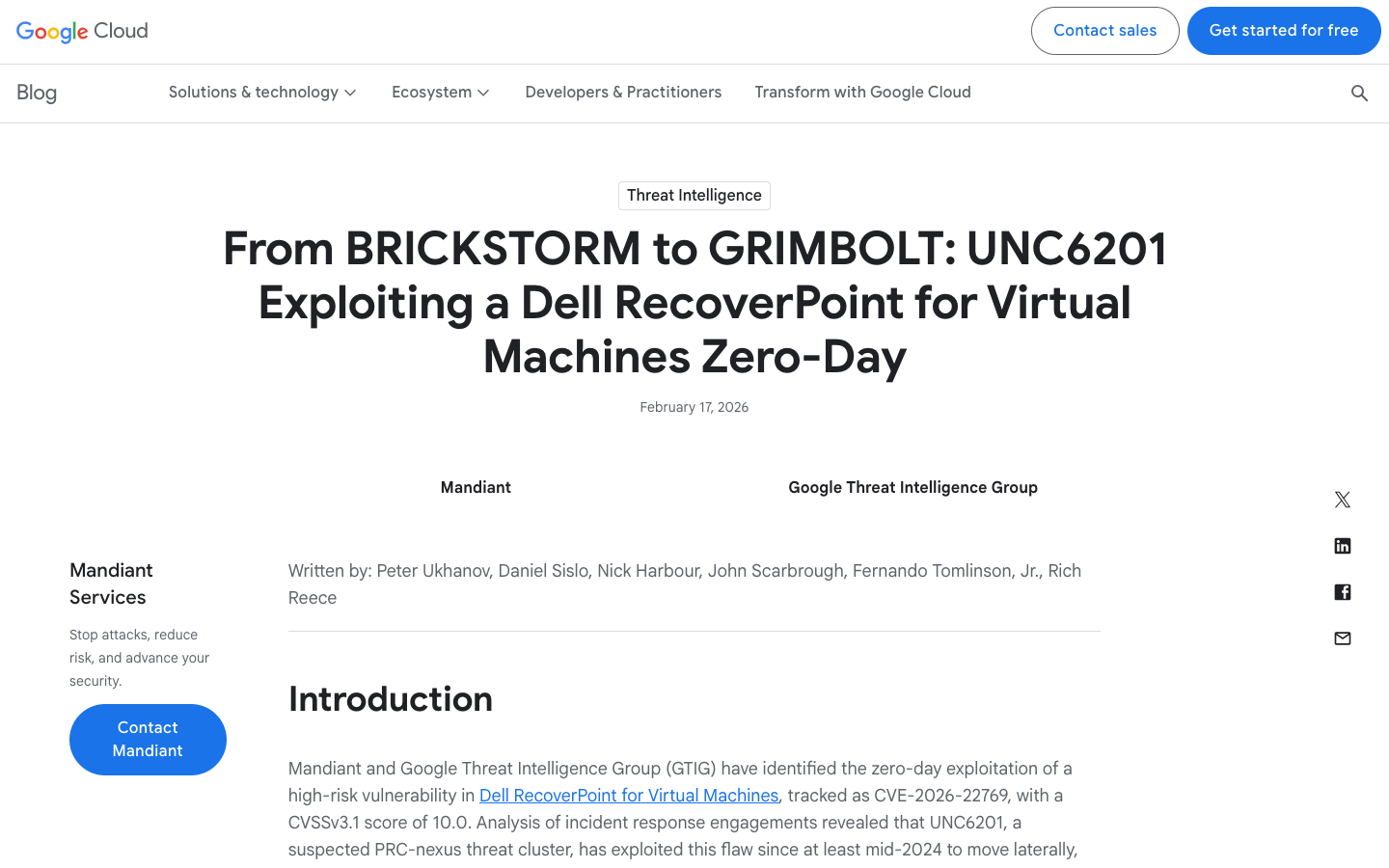 Mandiant and Google Threat Intelligence Group — 'From BRICKSTORM to GRIMBOLT: UNC6201 Exploiting a Dell RecoverPoint for Virtual Machines Zero-Day' with full attack chain.