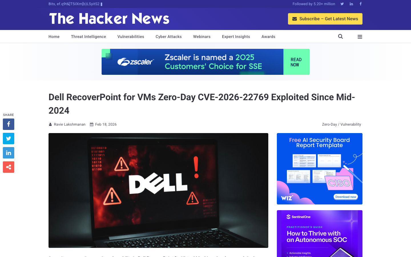 The Hacker News reporting on Dell RecoverPoint for VMs zero-day CVE-2026-22769 — exploited by Chinese state-backed UNC6201 since mid-2024.
