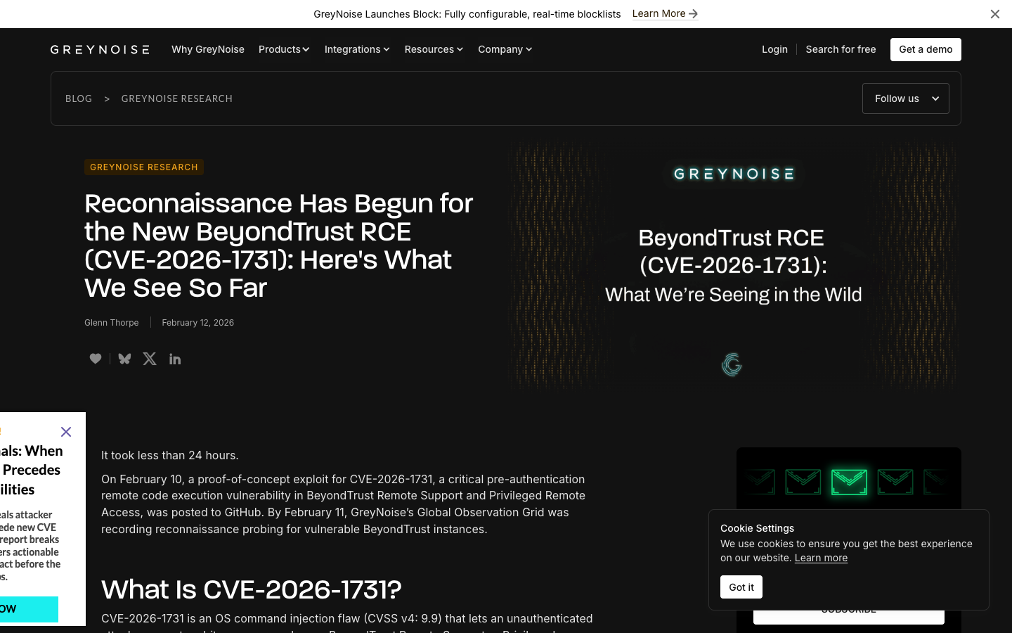 GreyNoise intelligence observing active reconnaissance for BeyondTrust CVE-2026-1731 — proof-of-concept exploitation detected within 24 hours of disclosure.