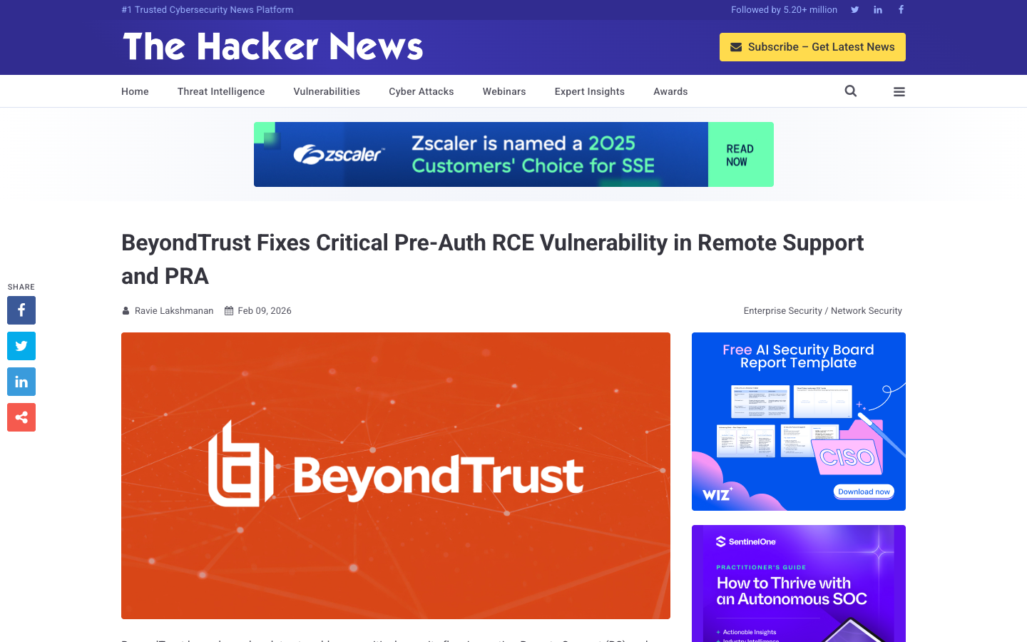 The Hacker News coverage of BeyondTrust's critical pre-authentication RCE vulnerability in Remote Support and Privileged Remote Access products.