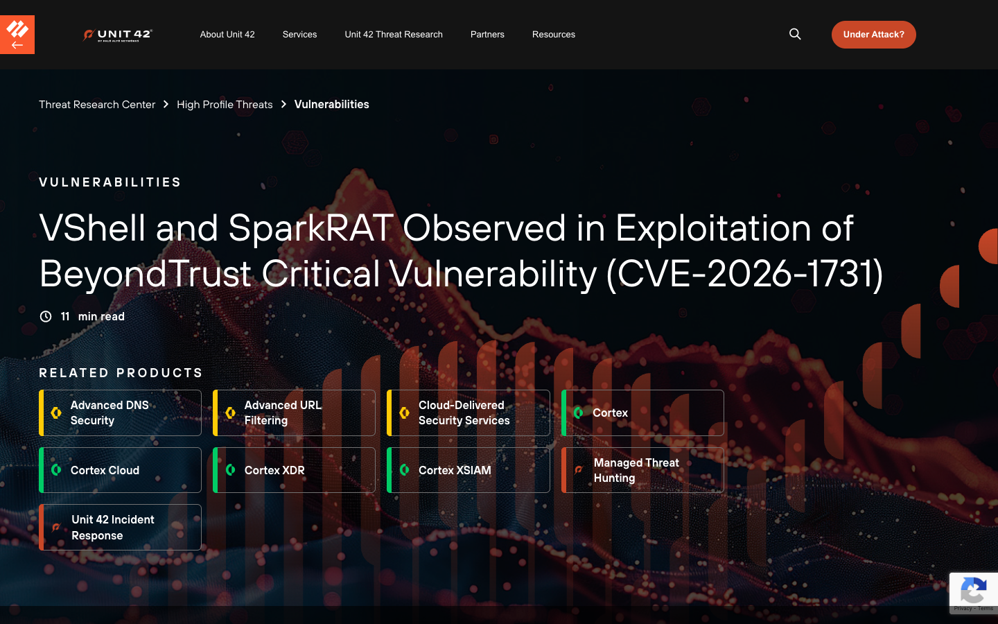 Palo Alto Unit 42 research documenting VShell and SparkRAT open-source RATs deployed as post-exploitation payloads via BeyondTrust CVE-2026-1731.