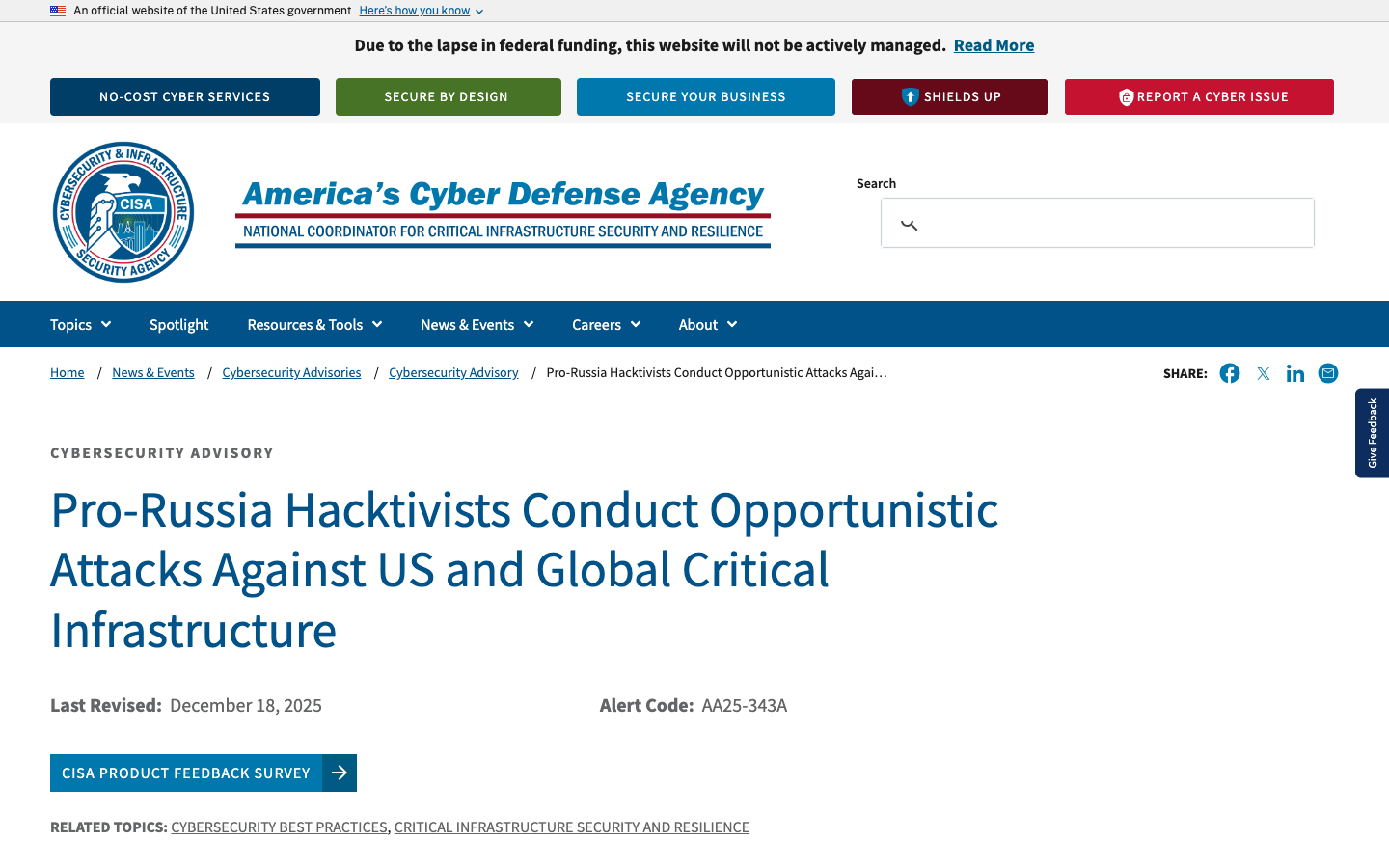 CISA Joint Cybersecurity Advisory AA25-343A — FBI, NSA, and international partners documenting pro-Russia hacktivists targeting US and global critical infrastructure via VNC exploitation.
