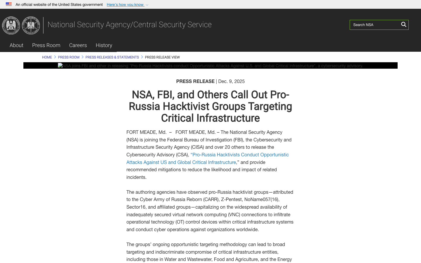 NSA and FBI joint press release calling out pro-Russia hacktivist groups — Cyber Army of Russia Reborn, Z-Pentest, and Sector16 — targeting OT/ICS systems.