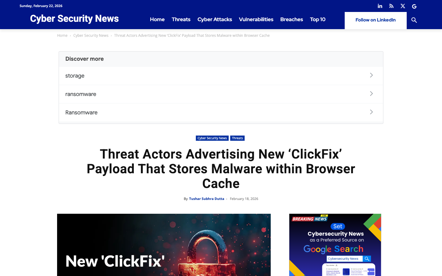 Cyber Security News reporting on threat actors advertising the new ClickFix browser cache payload delivery method on underground forums.
