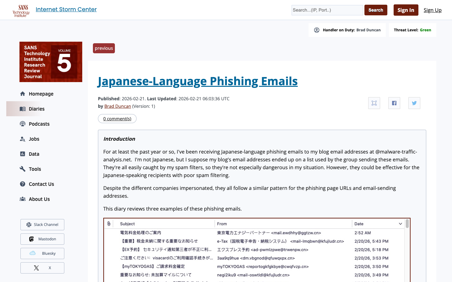 SANS Internet Storm Center analysis of coordinated Japanese-language phishing emails — documenting .cn domains, Foxmail X-Mailer headers, and credential harvesting patterns.