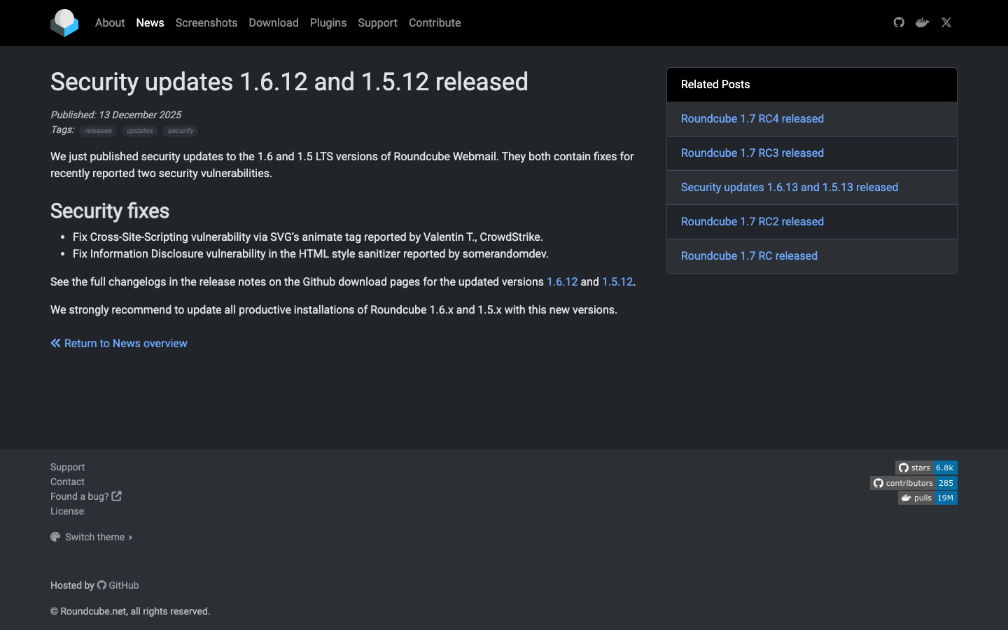 Roundcube official security updates 1.6.12 and 1.5.12 — fixing cross-site scripting via SVG animate tag and information disclosure in HTML style sanitizer.